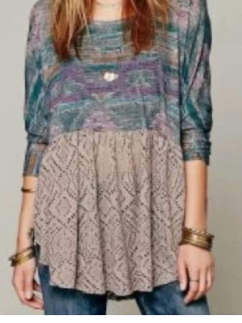 Free People Teal & Taupe Mixed-Knit Lace Peplum Tunic
